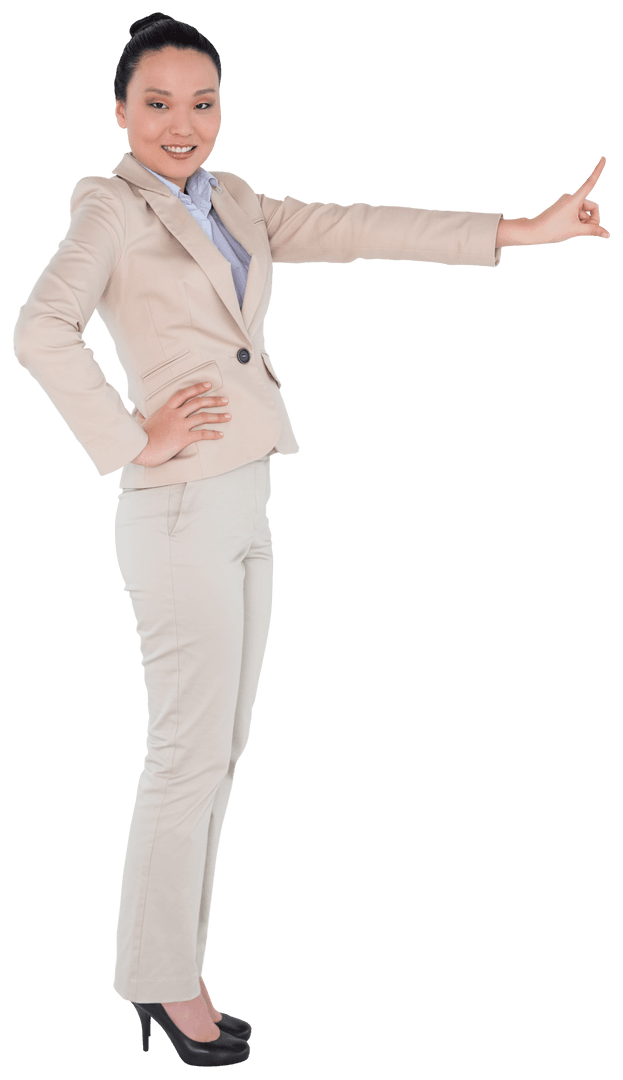 Smiling Asian Businesswoman Pointing Upwards Transparent Background
