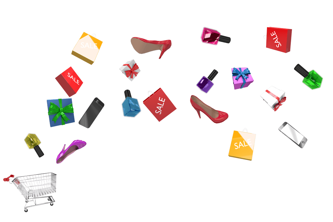 Floating Retail Goods and Shopping Icons on Transparent Background