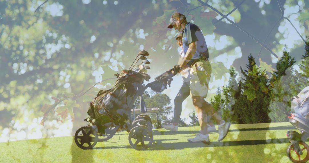 Golfer Pushing Trolley on Sunny Day Behind Leafy Overlay - Free Images, Stock Photos and Pictures on Pikwizard.com