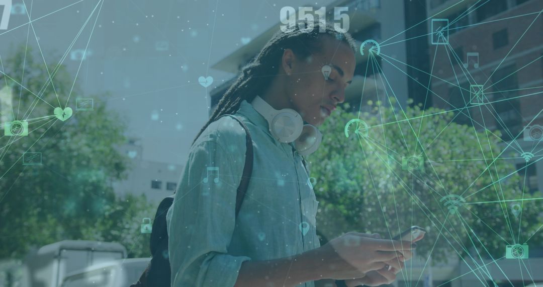 Young Man Engaging on Smartphone with Technology Overlay