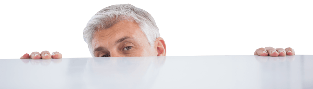 Senior Man Peeking Over Surface on Transparent Background
