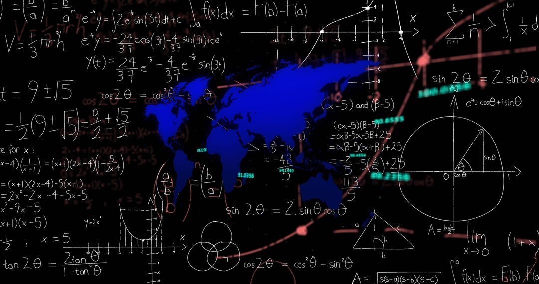 World Map with Overlay of Complex Mathematical Equations