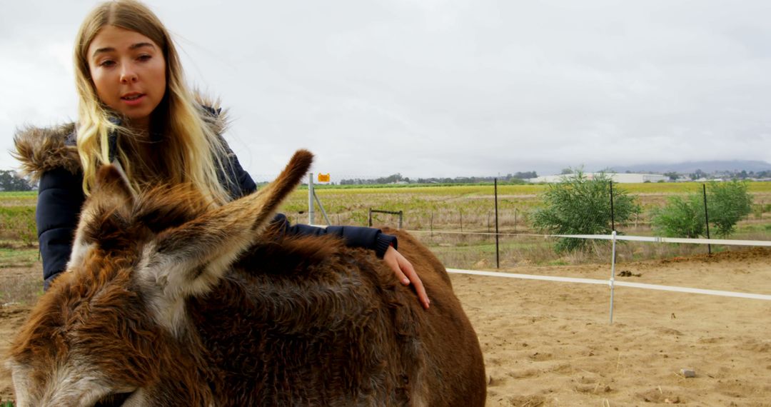 Young Woman Petting Donkey on Cloudy Rural Farm - Free Images, Stock Photos and Pictures on Pikwizard.com