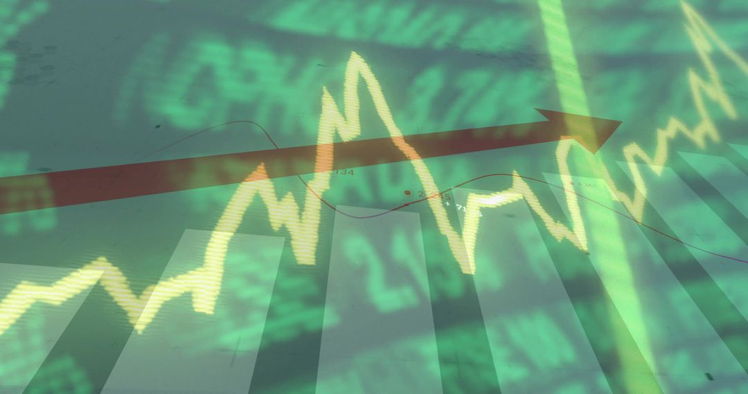 Glowing neon stock market chart showing bullish uptrend with red arrow and data ticker