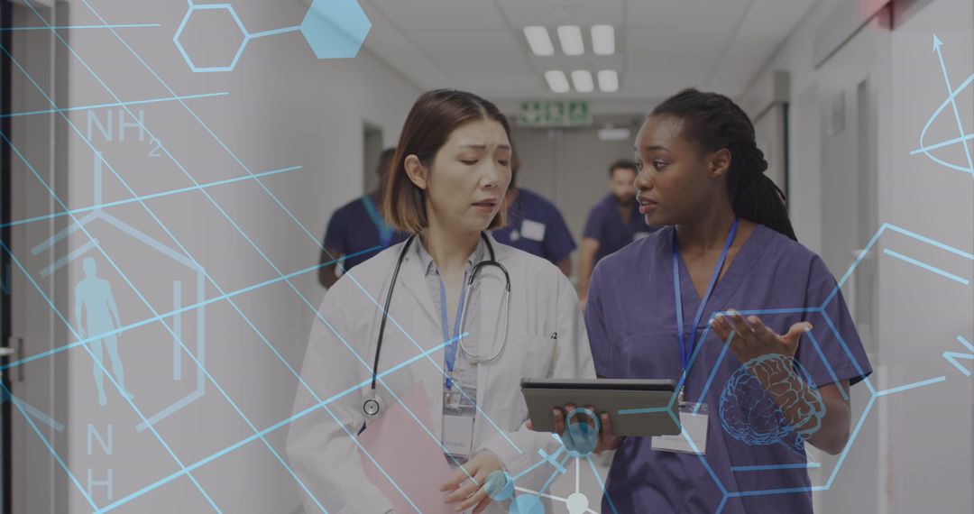 Diverse Doctors Discuss Data in Hospital Hallway with Virtual Graphics