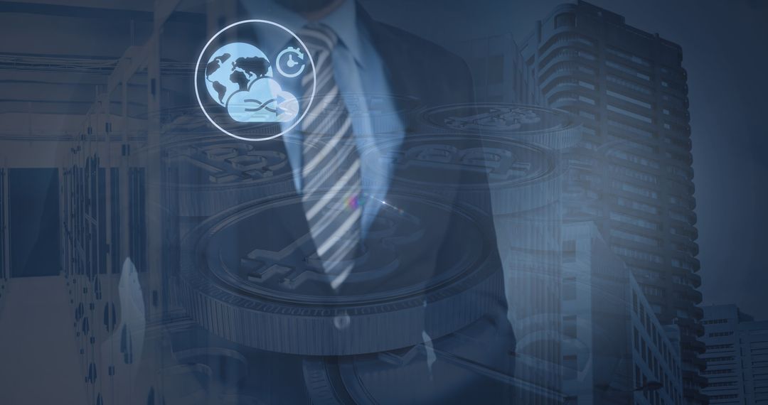 Businessman Using Touchscreen with Digital Connections Overlay