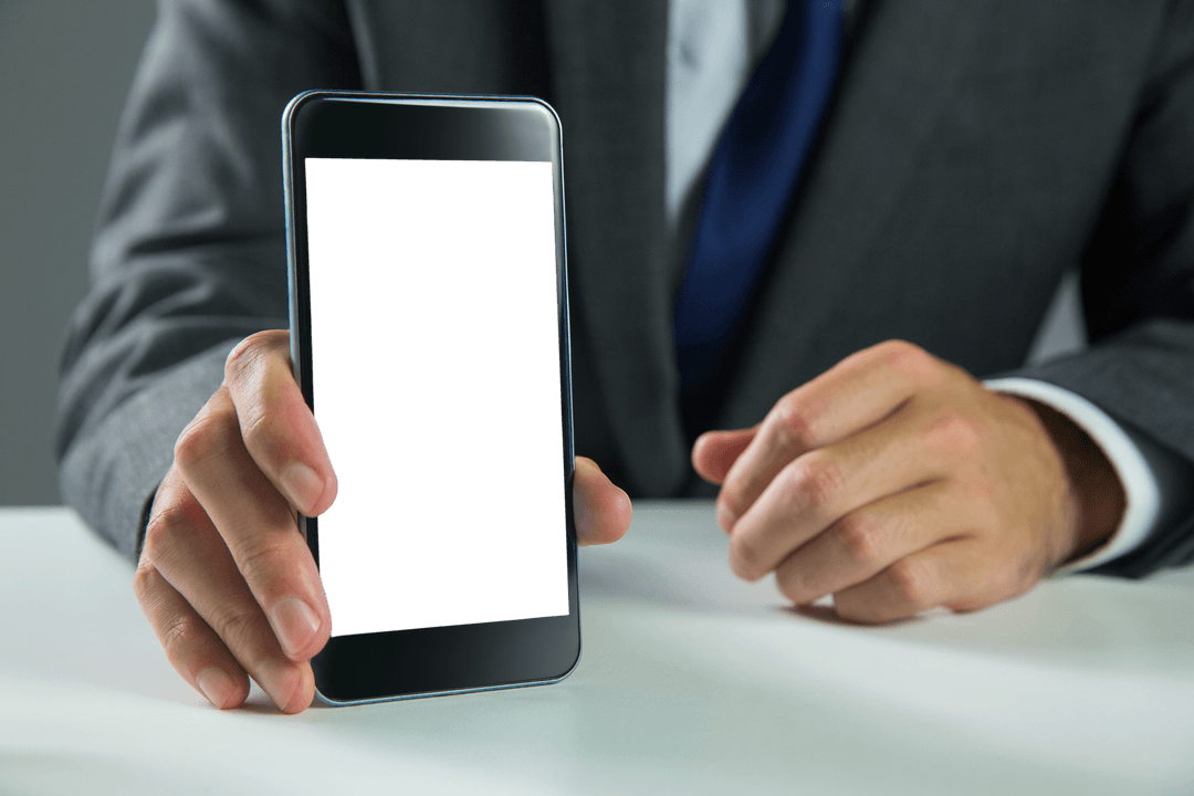 Caucasian Businessman Displaying Smartphone with Transparent Background
