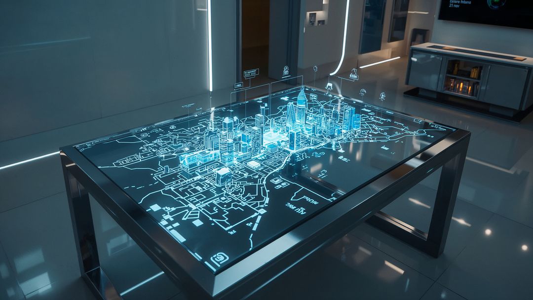 Futuristic Holographic Table Displaying Urban Digital City Map