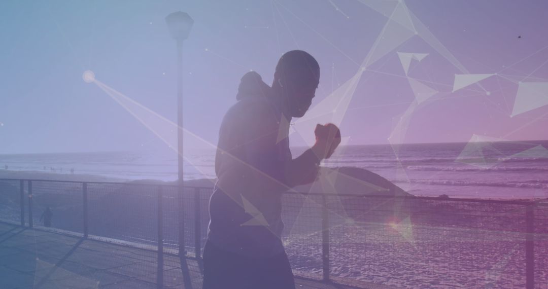 Man Practicing Boxing on Beachfront Promenade with Futuristic Overlay
