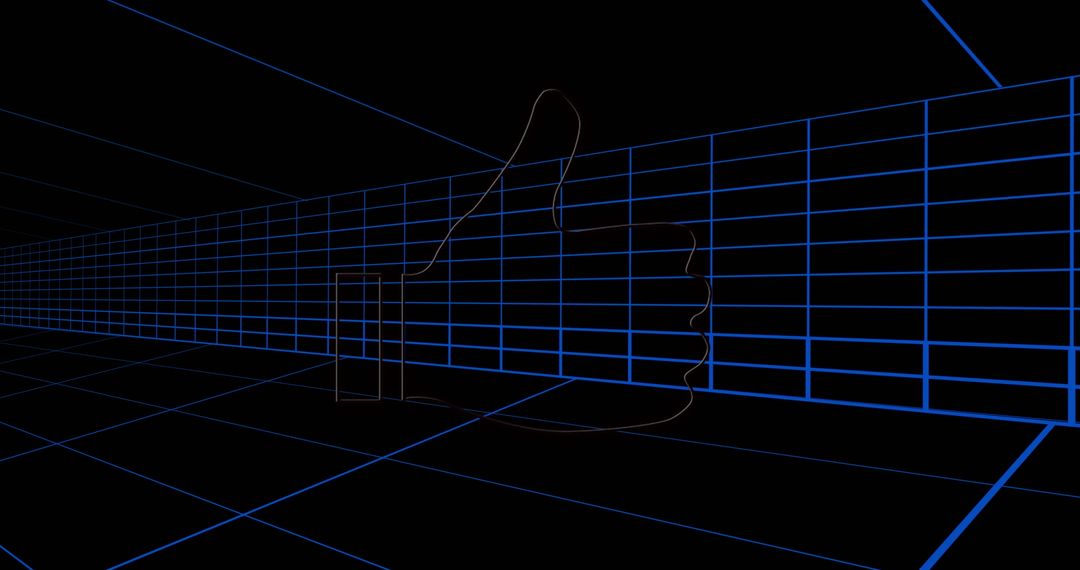 Futuristic Wireframe Thumbs-Up in Neon Grid Corridor