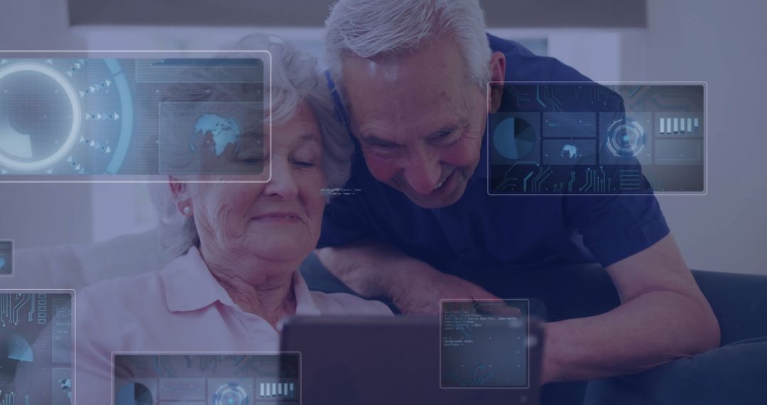 Senior Couple Engaging with Tablet Among Digital Graphics