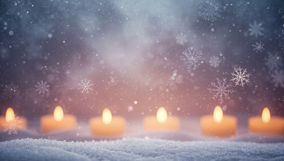 Glowing Tea Light Candles Flickering on Snowy Tabletop with Falling Snowflake Bokeh