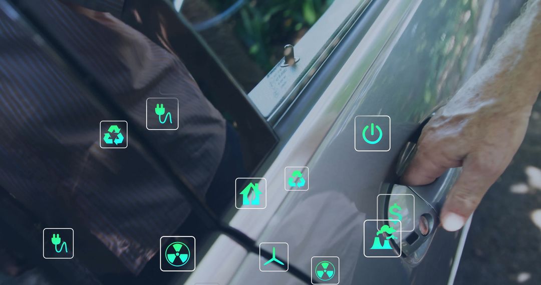 Man Opening Car Door with Energy and Ecology Icons Overlay