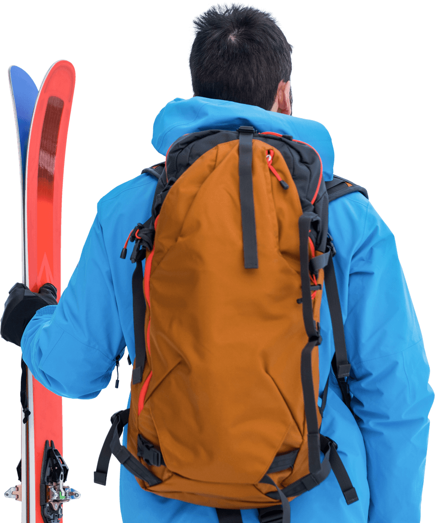 Skier with Yellow Backpack Holding Skis Transparent Background