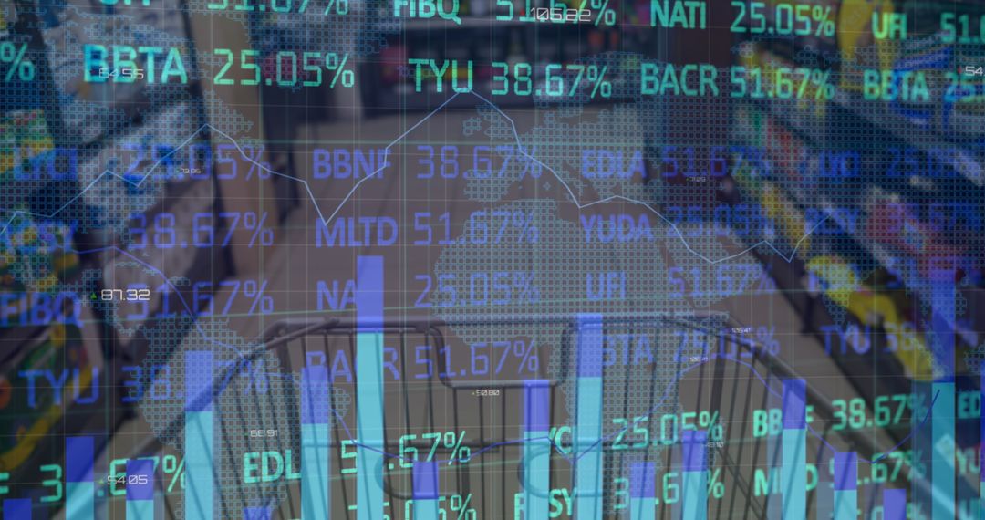 Grocery Cart with Digital Stock Market Overlay Reflecting Economic Trends