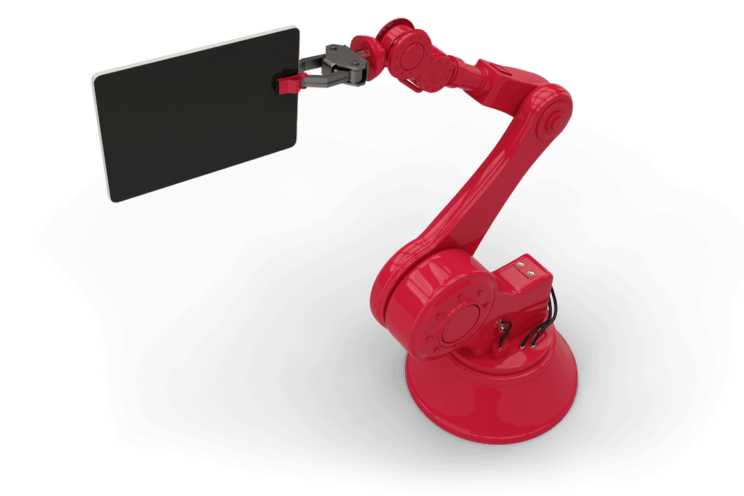 Transparent Red Robotic Arm Holding Tablet with Black Screen