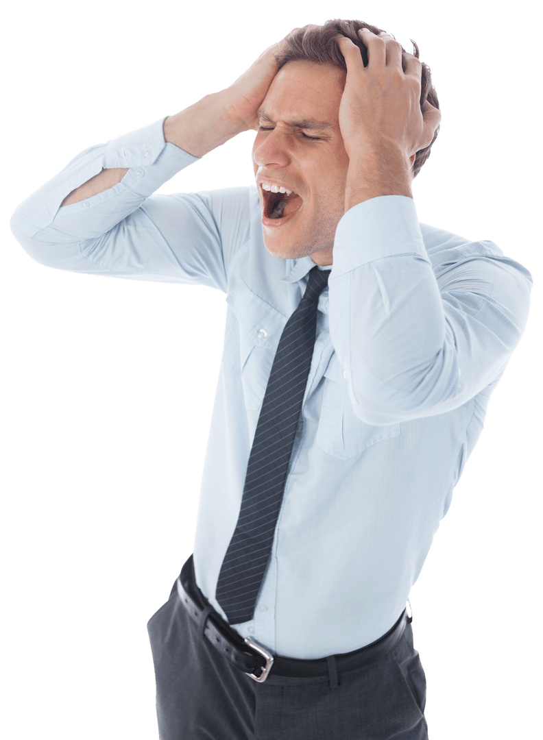 Transparent Overwhelmed Businessman Grabbing Head in Frustration
