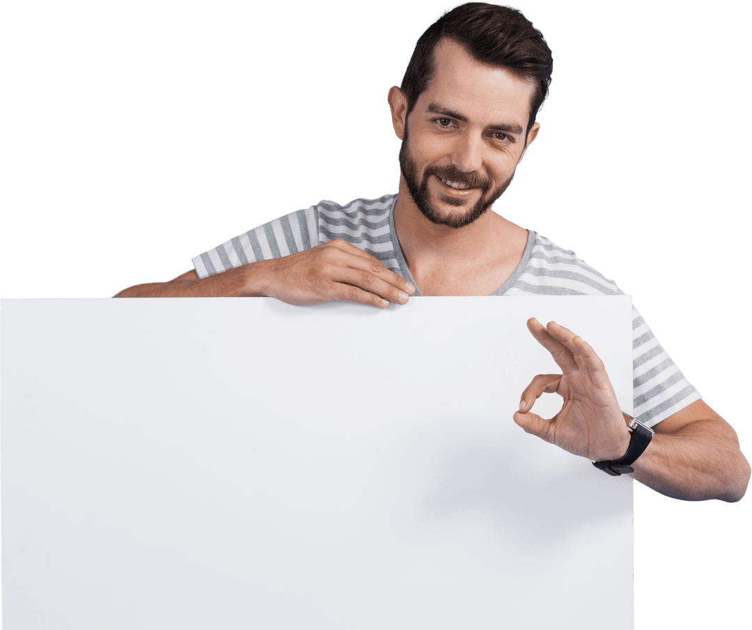Man Showing OK Sign Holding Blank Transparent Cardboard