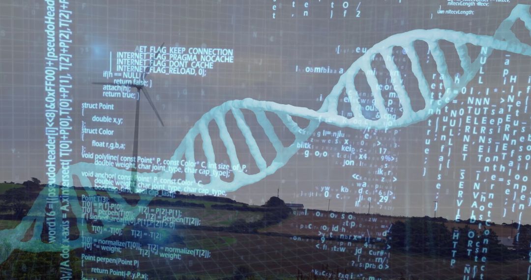 DNA Helix with Scrolling Code over Rural Landscape