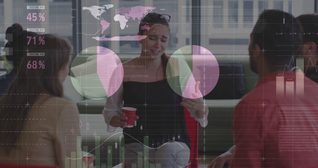 Office Team Discussing Analytics Visualized on Transparent Screen