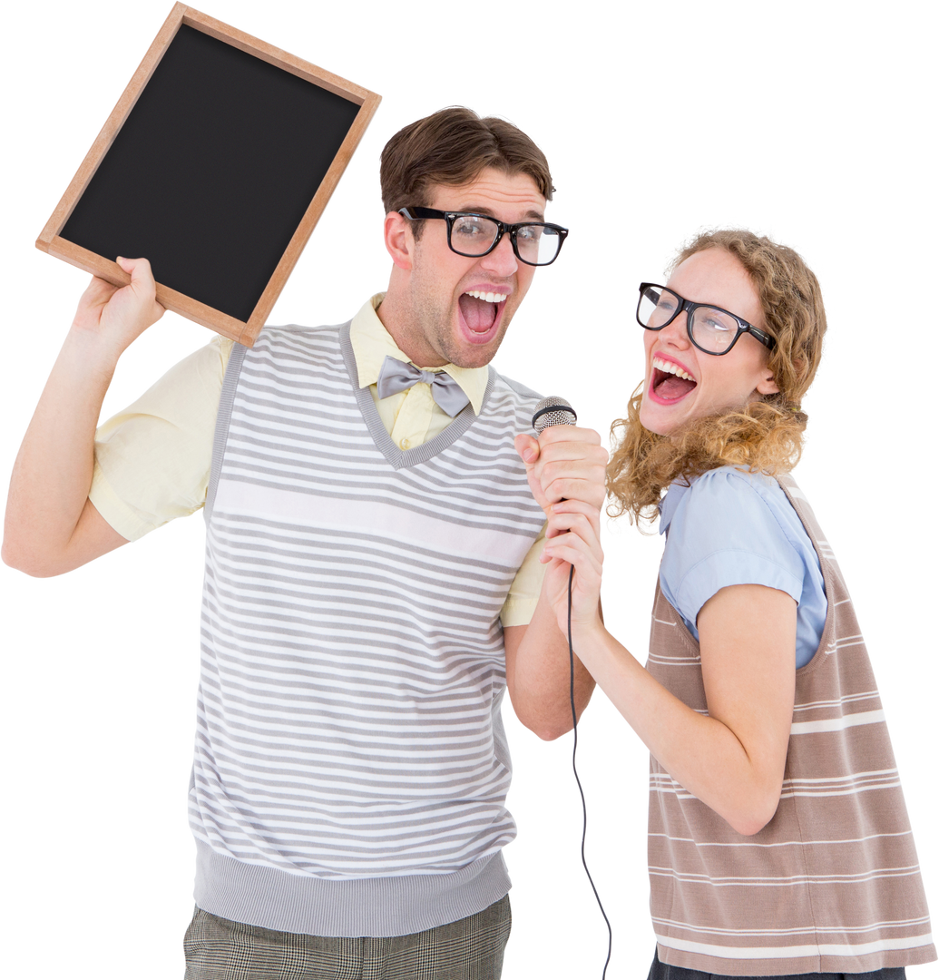 Transparent trendy geeky hipster couple singing into microphone having fun - Download Free Stock Images Pikwizard.com