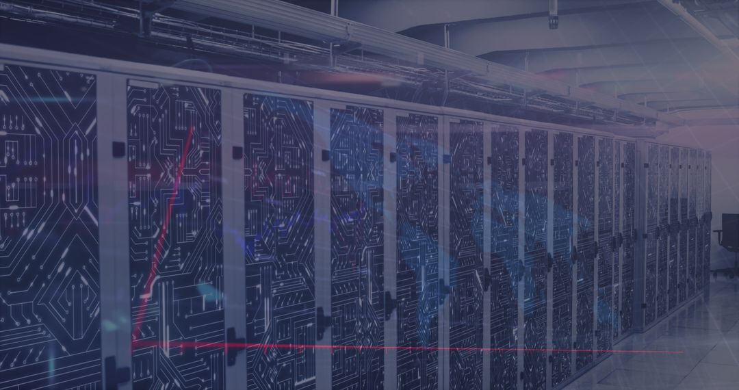 Futuristic Server Room with Digital Graphics Overlay