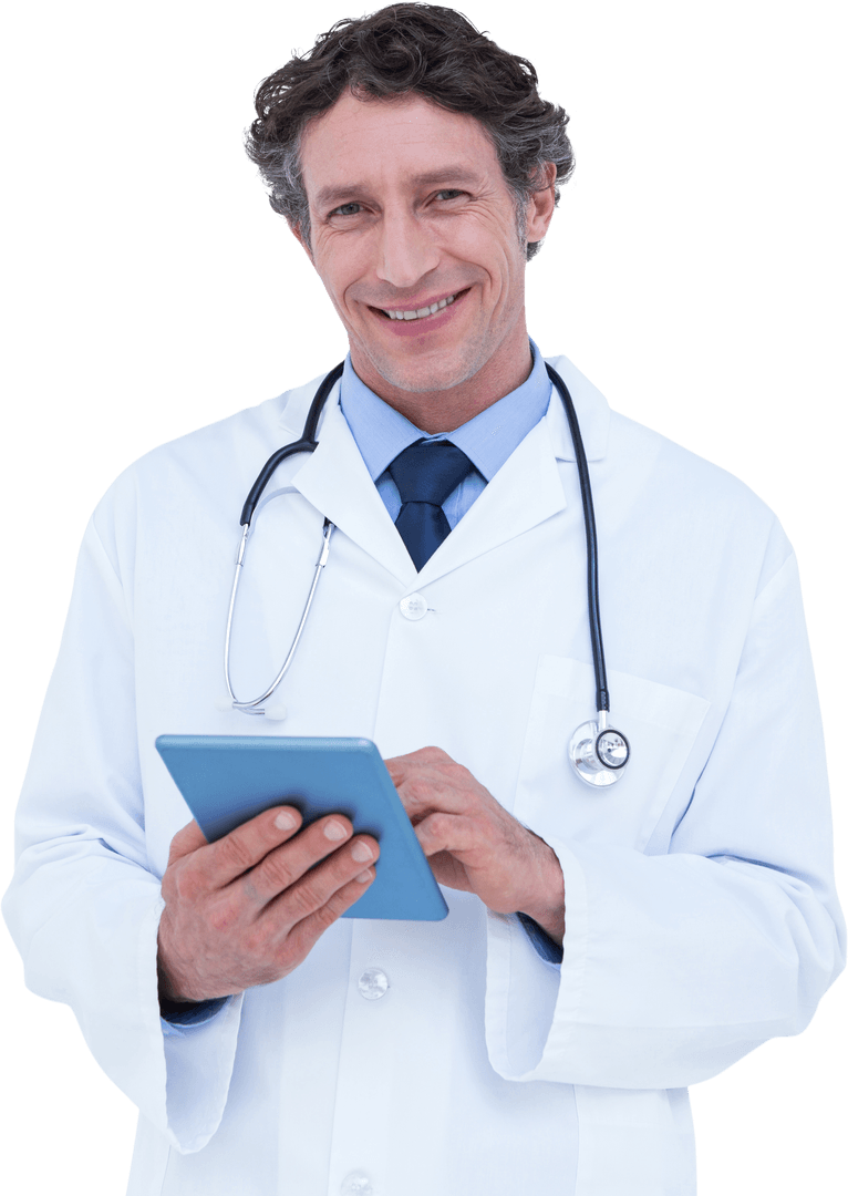 Transparent Smiling Doctor with Digital Tablet Holding Confidence