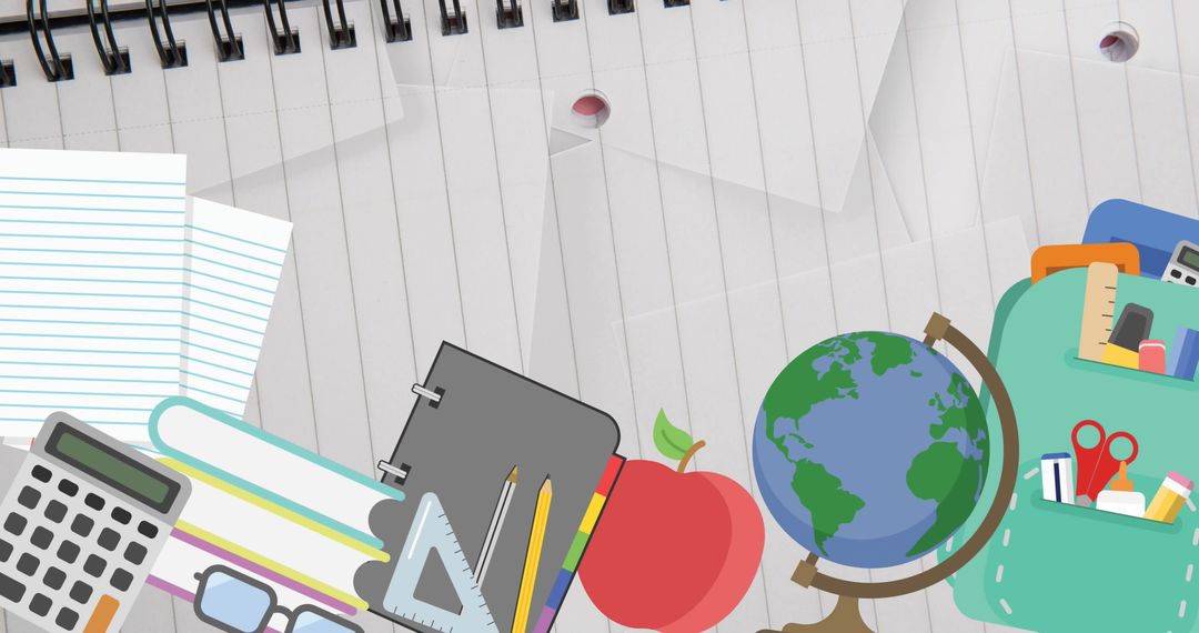 Colorful School Supplies on Desk with Globe and Apple