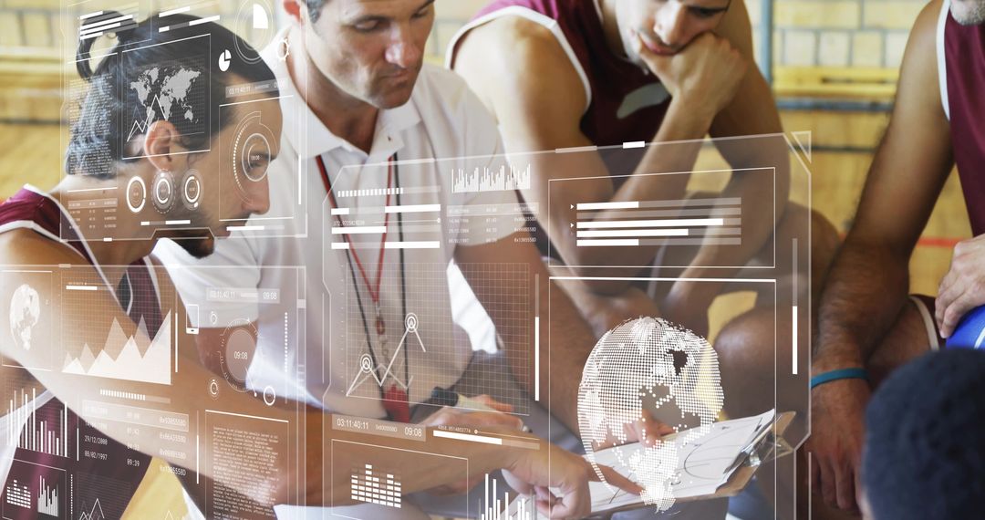 Basketball Coach Analyzing Holographic Data with Players in Gym