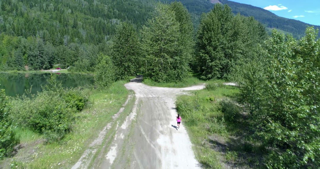 Aerial View of Person Jogging in Peaceful Forest Trail - Free Images, Stock Photos and Pictures on Pikwizard.com