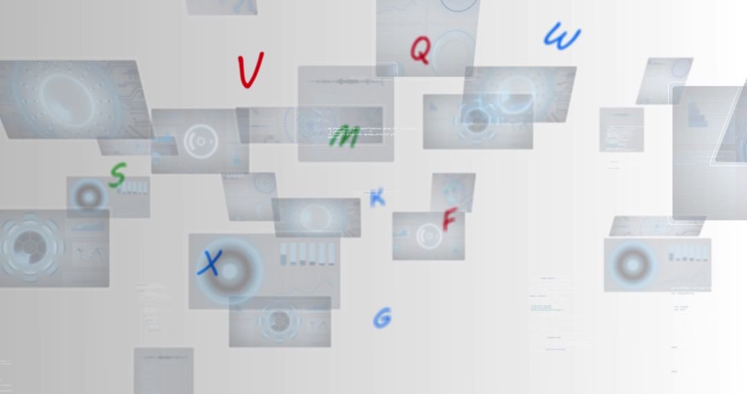 Floating Digital Visuals with Alphabet on White Background