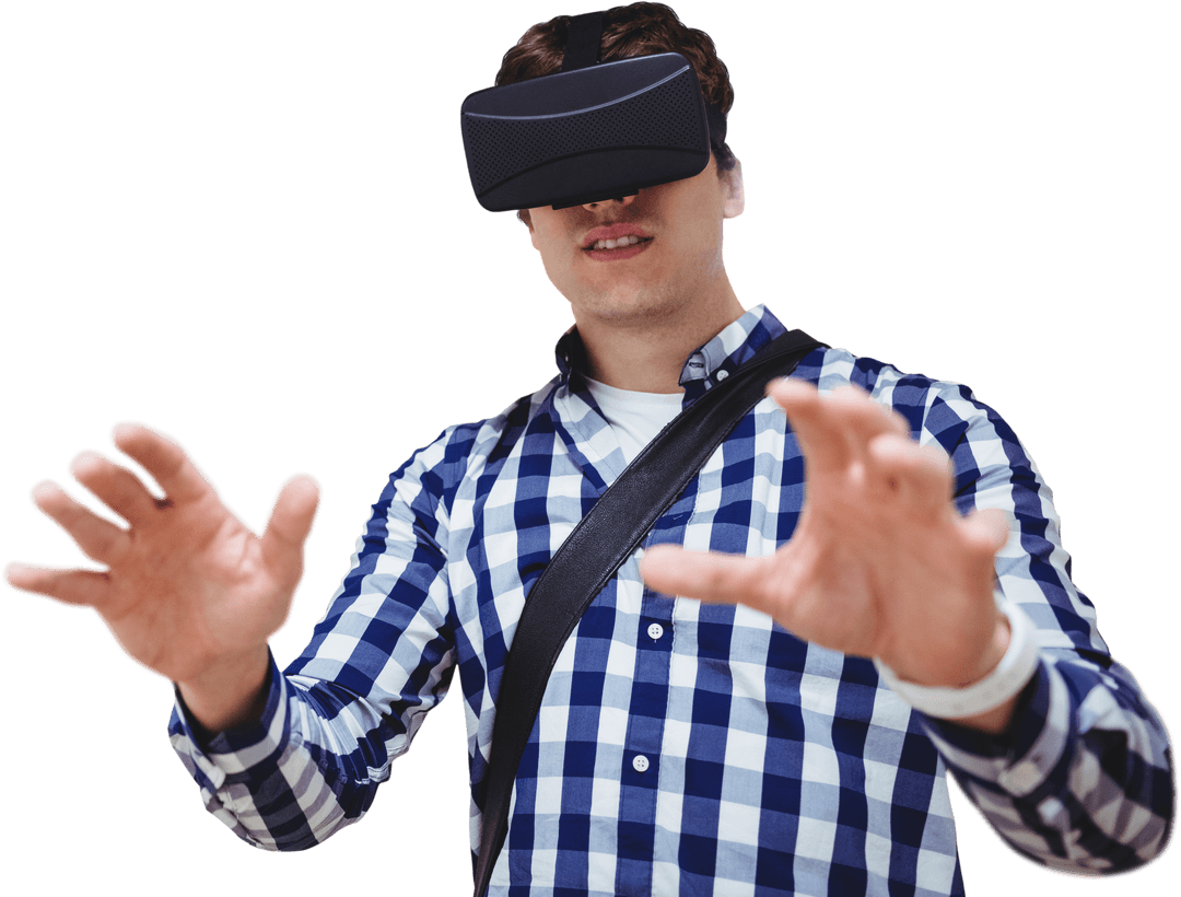 Transparent VR Experience with Young Man Engaged in Virtual World