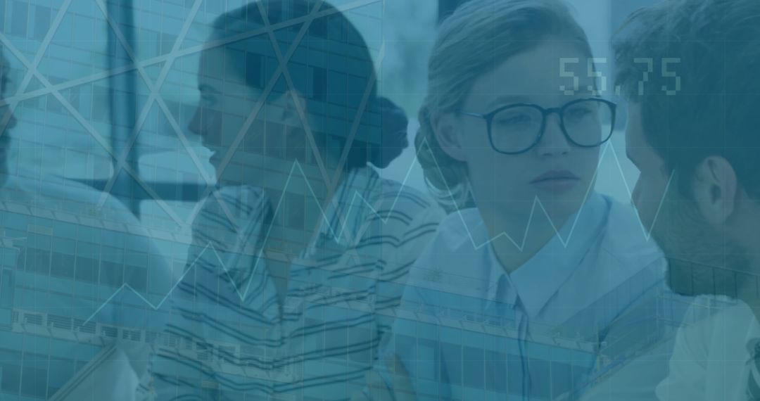 Financial Data Overlay on Diverse Business Team in Discussion