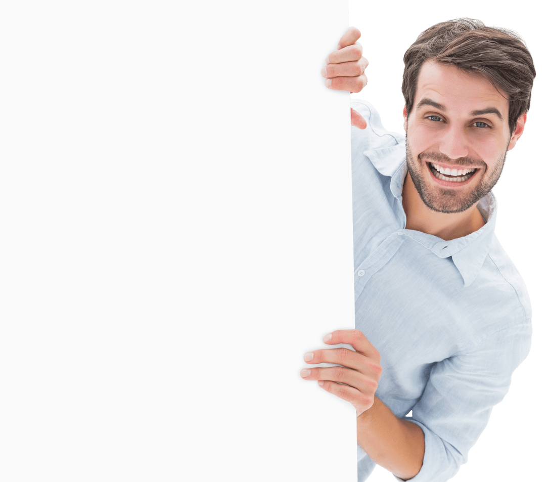 Smiling Young Man Holding Blank Poster Isolated on Transparent Background