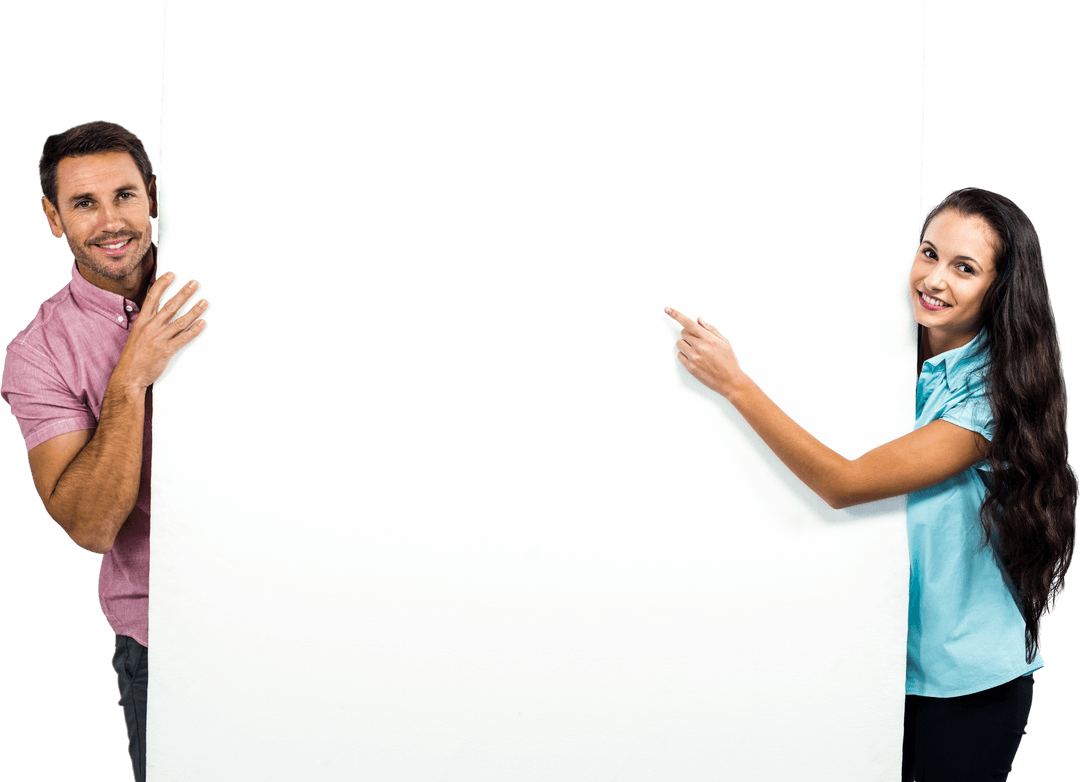Smiling Couple Holding Large Transparent Sheet for Presentation