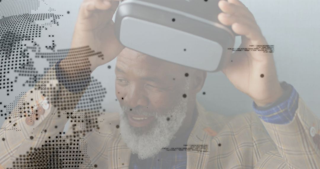 Senior Executive Engaging with VR Headset and Digital Interface Overlays