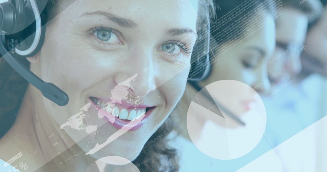 Smiling Businesswoman Wearing Headset Over Digital Data Overlay