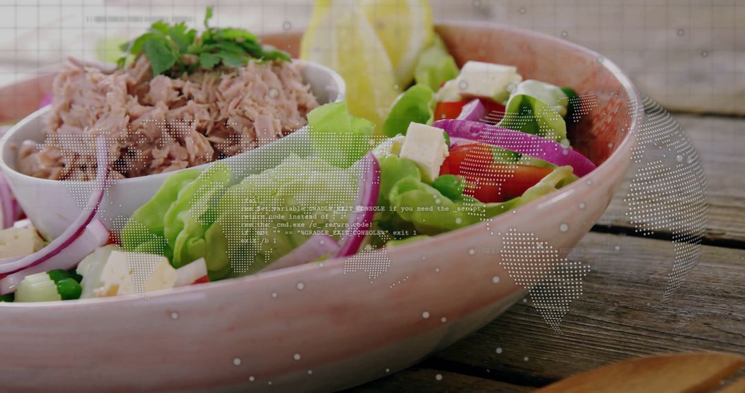 Healthy Salad with Tuna in Rustic Bowl with Digital Overlay