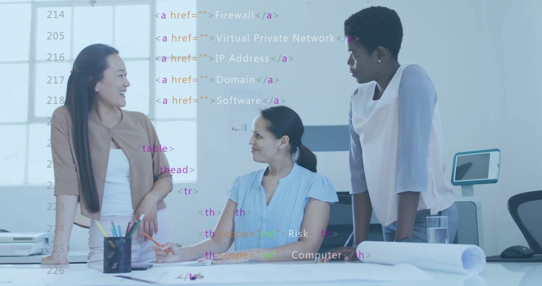 Business Team Analyzing Data with Futuristic Overlay in Modern Office