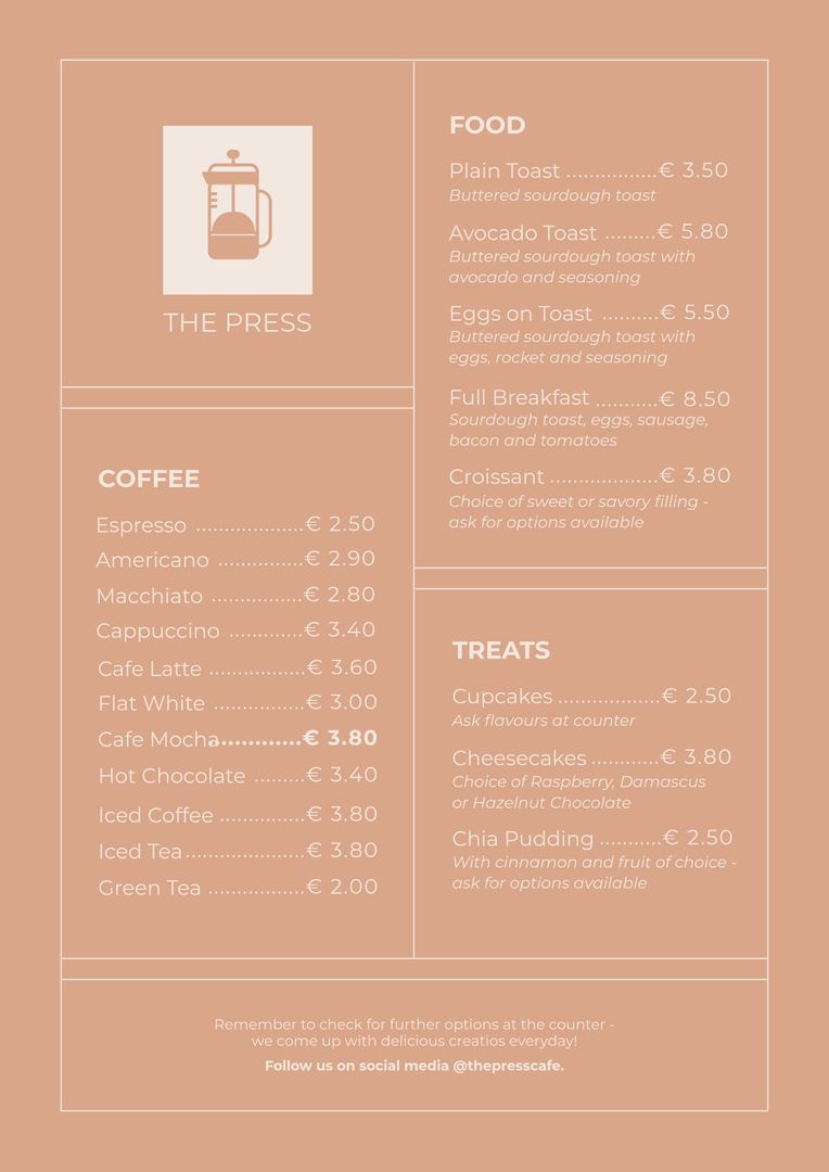 Cafe Menu Text with Coffee Press Illustration over Brown Background - Download Free Stock Templates Pikwizard.com