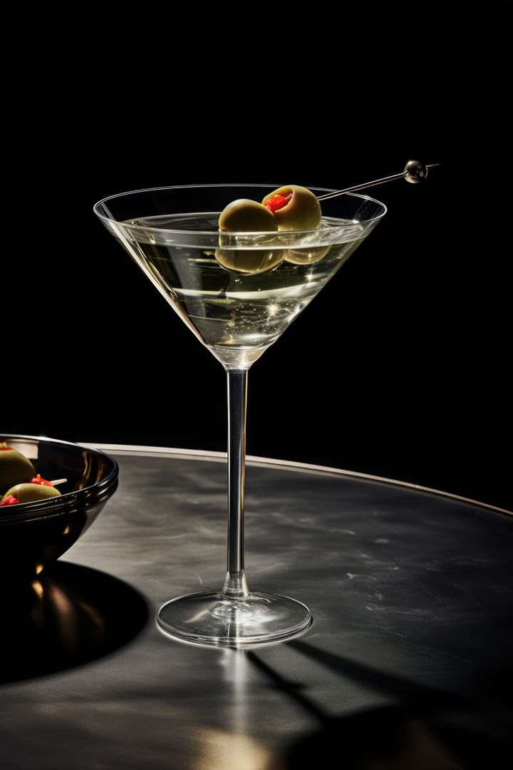 Classic Martini with Olives on Metal Table against Dark Background - Free Images, Stock Photos and Pictures on Pikwizard.com