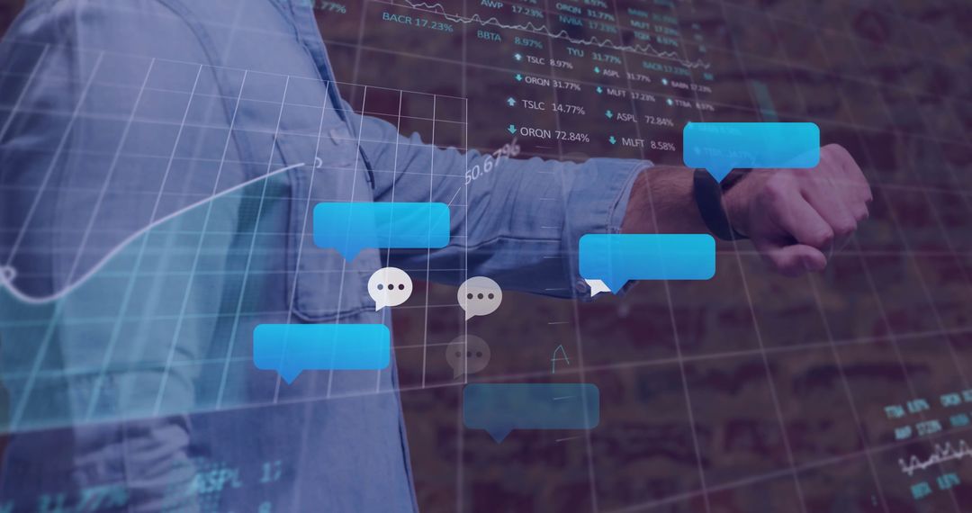 Office Worker Using Smartwatch with Chat and Stock Data Overlay