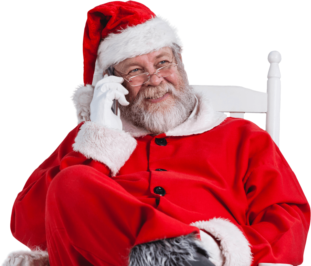 Smiling Santa Claus Using Phone in Transparent Scene