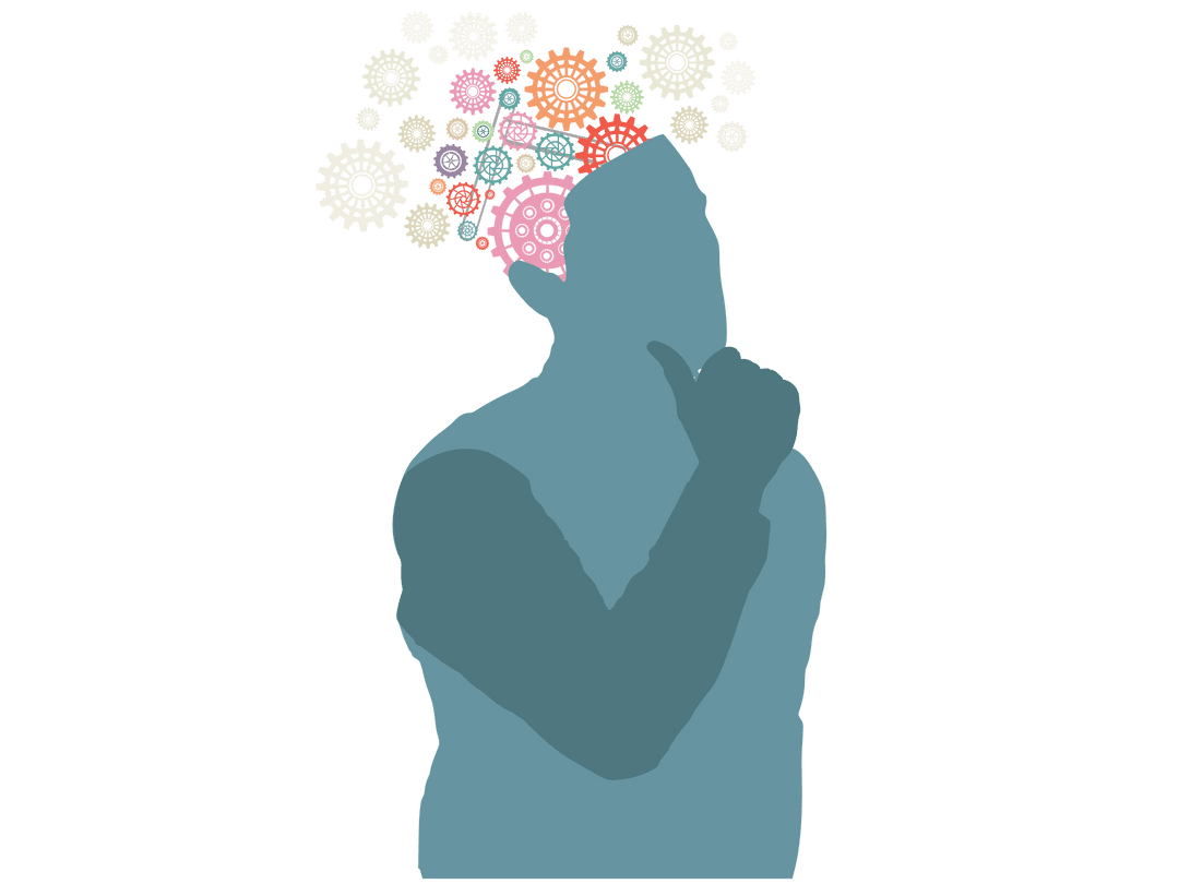 Transparent Silhouette of Man with Colorful Gears Thinking