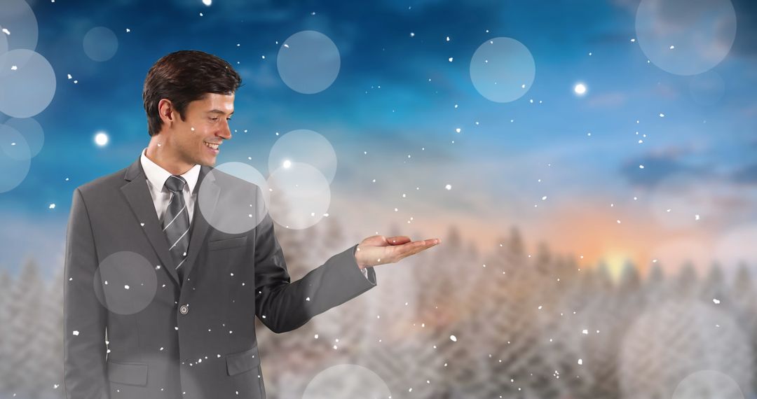 Businessman Catching Snowflakes in Winter Wonderland