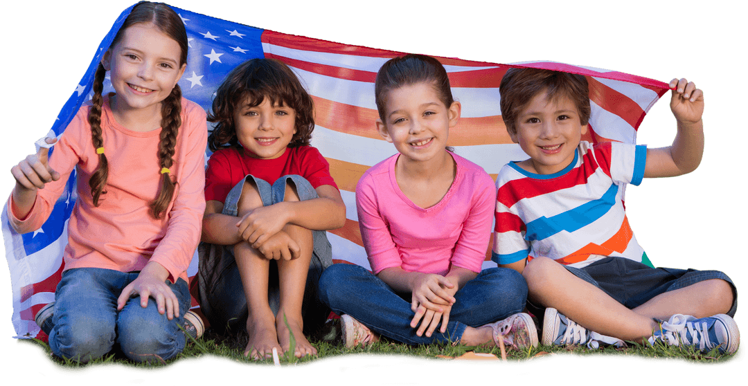 Smiling Children with USA Flag on Transparent Background