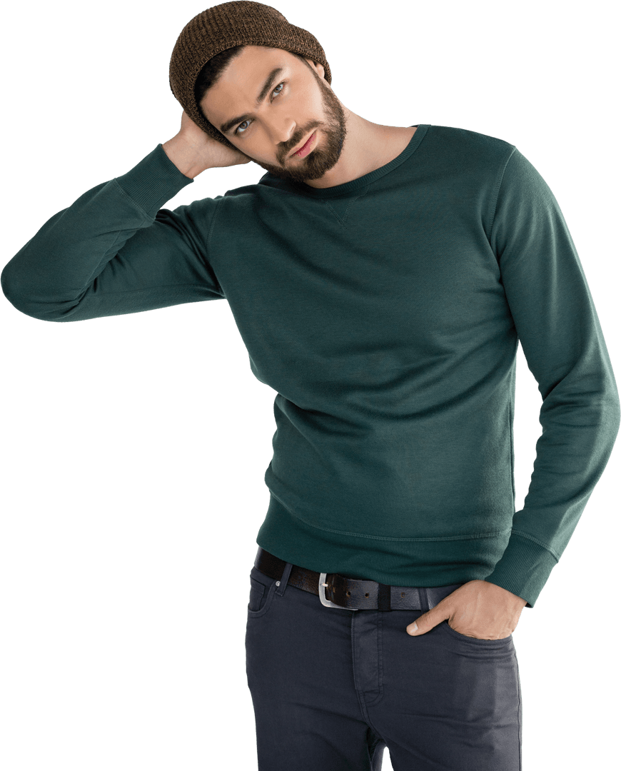 Fashionable Man Posing in Green Sweater and Beanie on Transparent Background