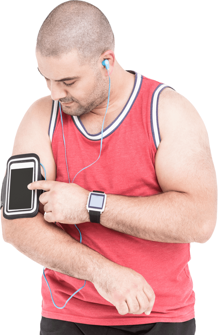 Man Interacting with Smartphone Armband While Listening to Music