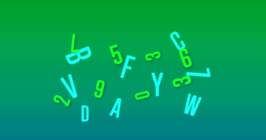 Neon Alphabets and Numbers on Green Blue Gradient Background