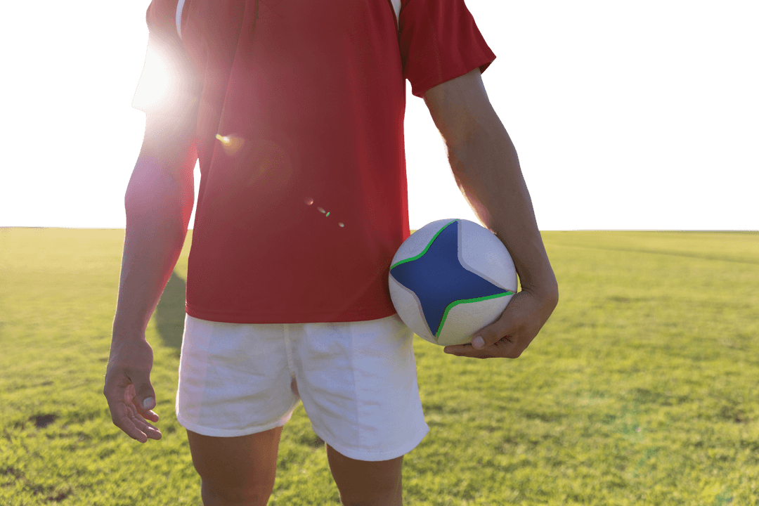 Transparent Rugby Scene Holding Ball in Field with Sunlight